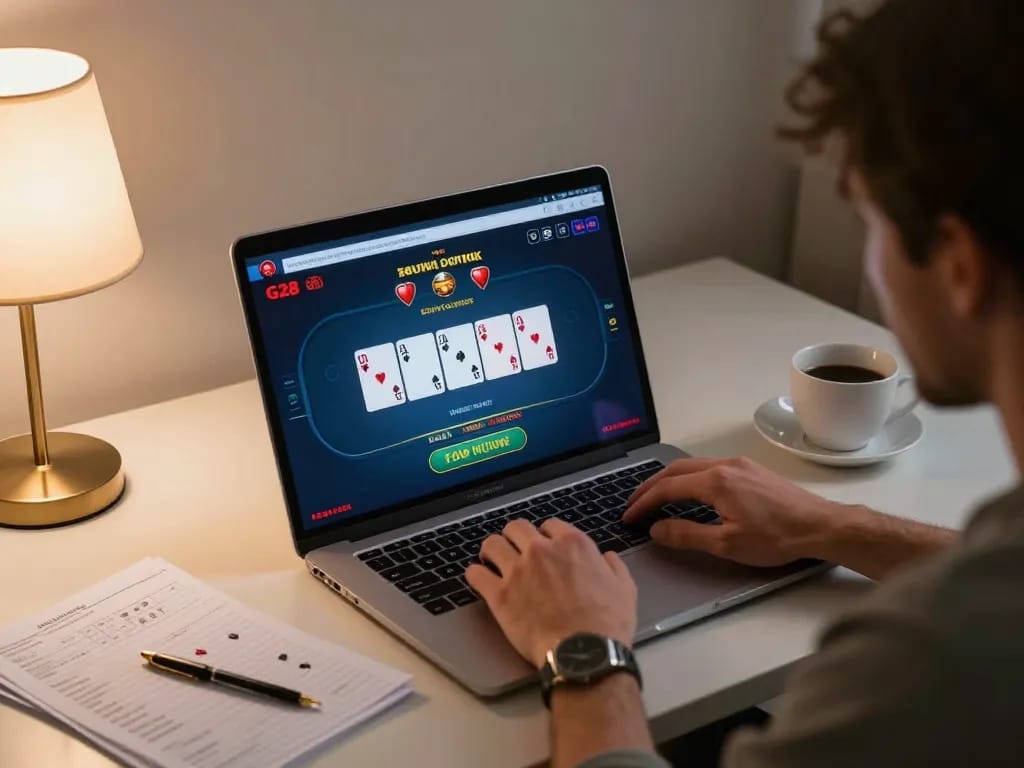 Engaging online gaming experience with G28 showing poker gameplay on laptop in cozy home setting.