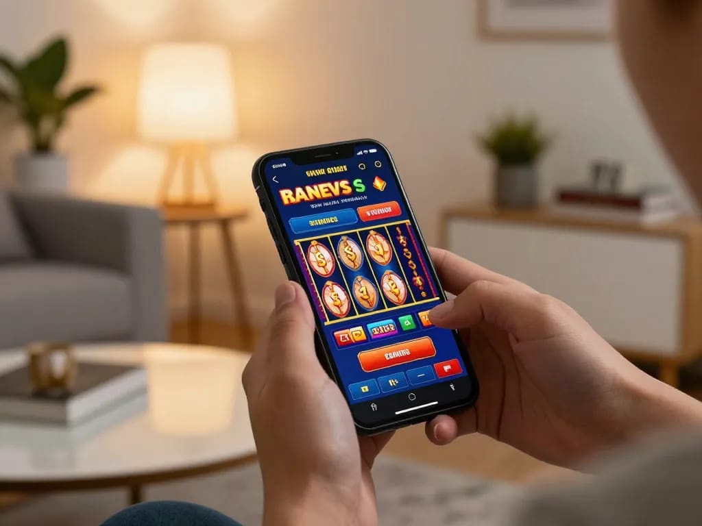 Engaging online experience showcasing slot bonus new member 100 di awal on a smartphone in a cozy home setting
