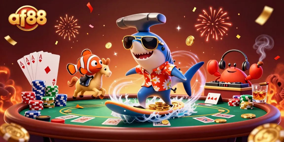 Experience the excitement at af88 with a lively illustration of gaming characters celebrating in a vibrant casino atmosphere.