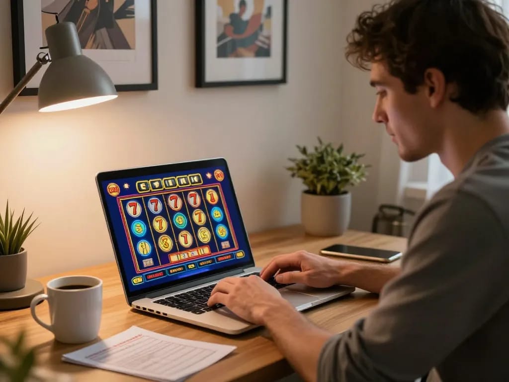 Engaging player analyzing slot777 game on laptop in a cozy home office.