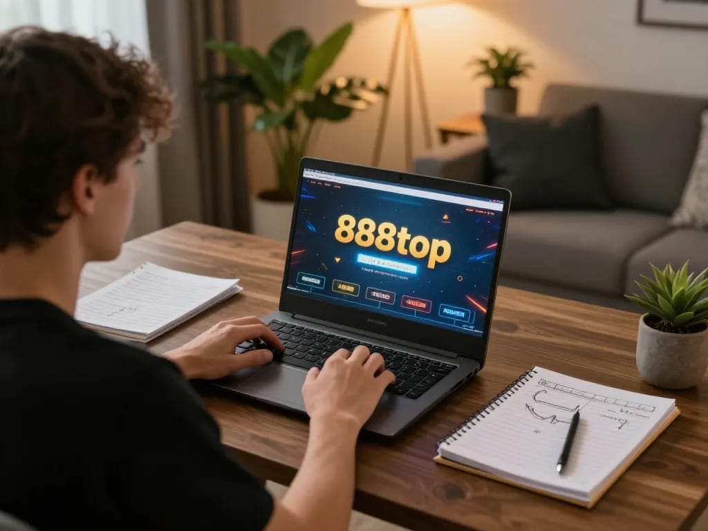 A player enjoying a thrilling session on 888top, engaged in online gambling with strategy notes in view.