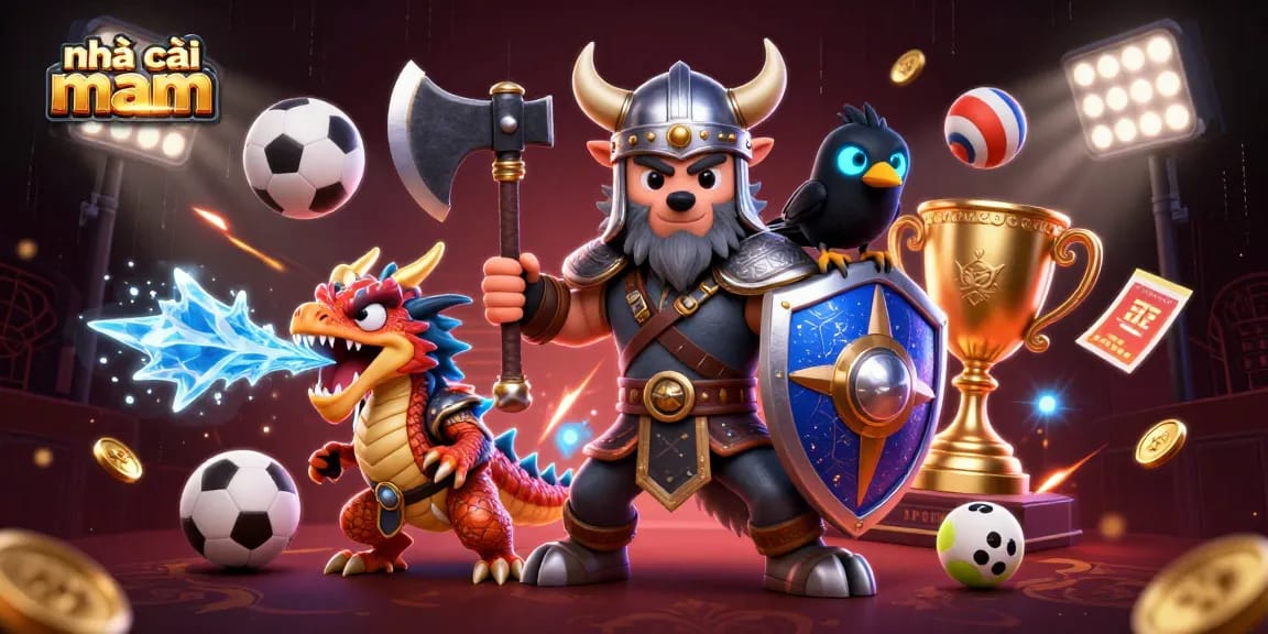 Experience thrilling wins at nhà cái vmax with an epic Viking warrior, dragon, and sports action in a vibrant casino scene.