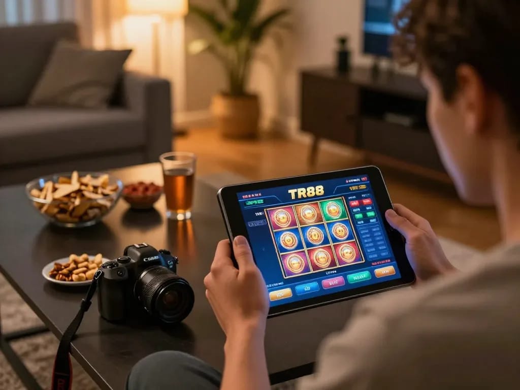 Using TR88 casino app on tablet for an engaging online gaming experience in a cozy home