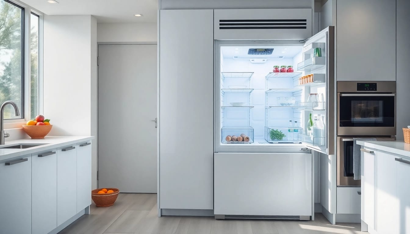 Effortlessly showcase a freezer with sleek design in a well-lit kitchen setting.
