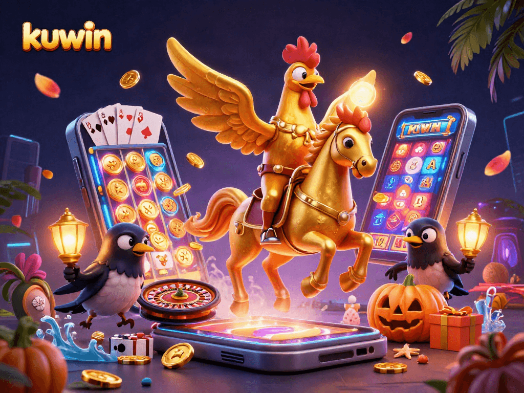 Kuwin's golden rooster mascot spins vibrant slot reels while riding in a lively casino.