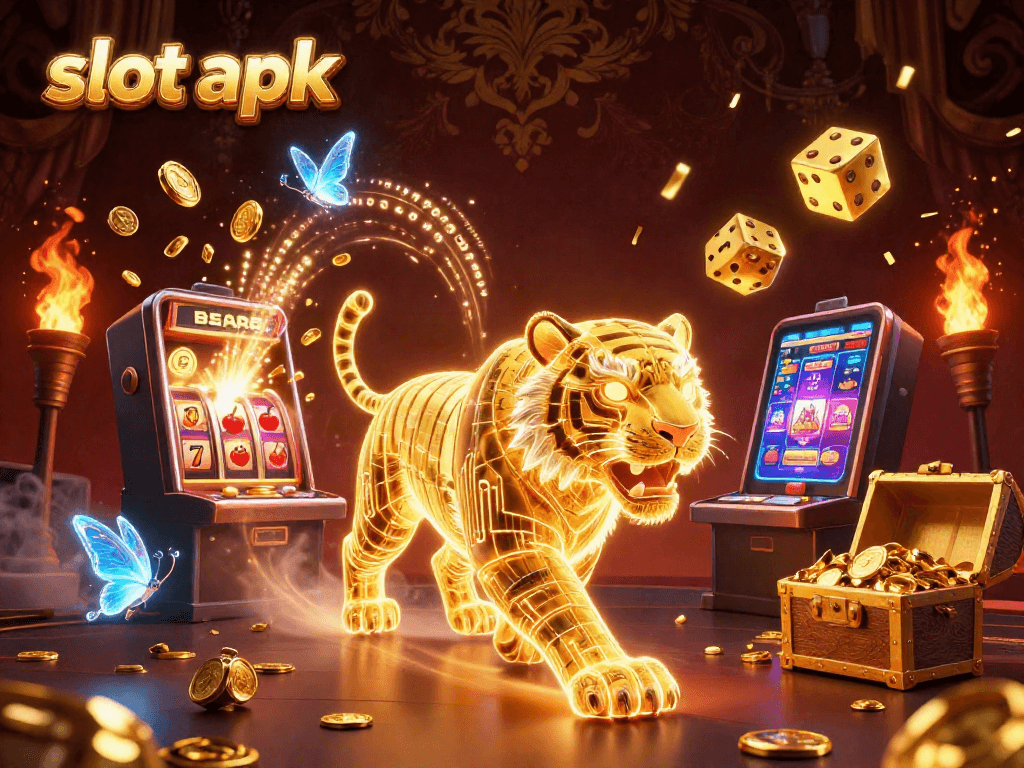 Engage with slot apk gameplay featuring a digital casino scene filled with vibrant elements and action.