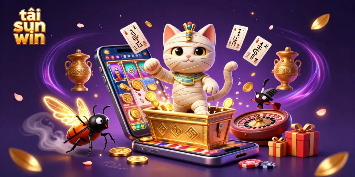 Play thrilling games at tải sun win with a vibrant illustration featuring a mummy cat and casino elements.