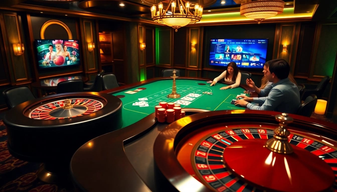 Des joueurs captivés dans un casino en ligne France fiable, mettant en avant des tables de jeux vibrantes et de l'excitation.