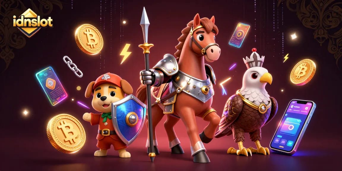 Engage in thrilling gameplay at idnslot with an energetic scene showcasing medieval characters and crypto elements.