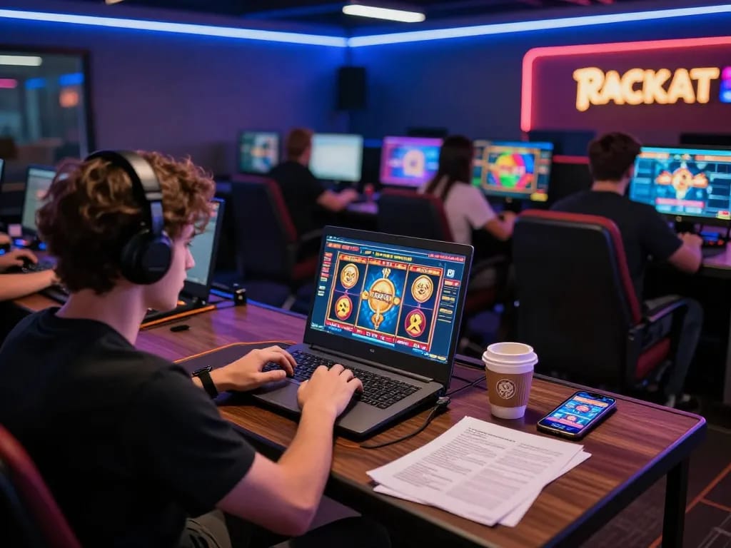 Player engaging with เว็บตรง online slot game interface at home, surrounded by gaming strategies.
