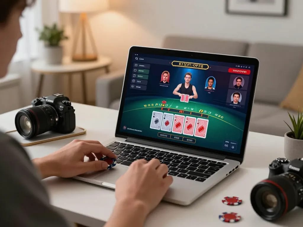 Player engaging with sunwinapk through live dealer blackjack on a laptop, capturing strategic gaming moments.