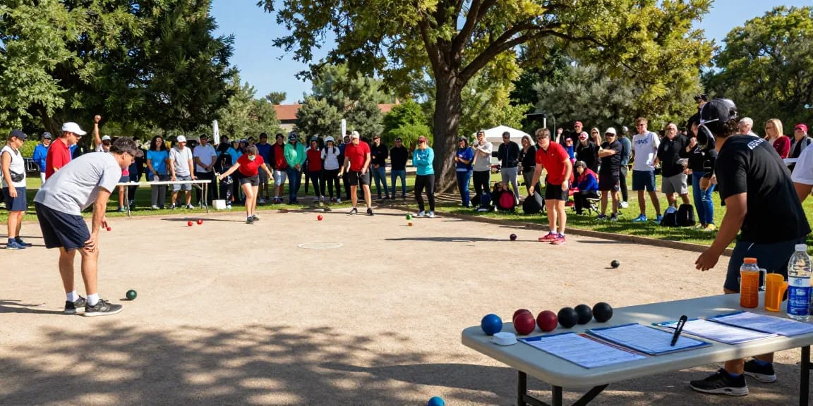 Permainan petanque yang ramai di fopikotaparepare.org dengan pemain yang penuh semangat dan suasana ceria di taman.