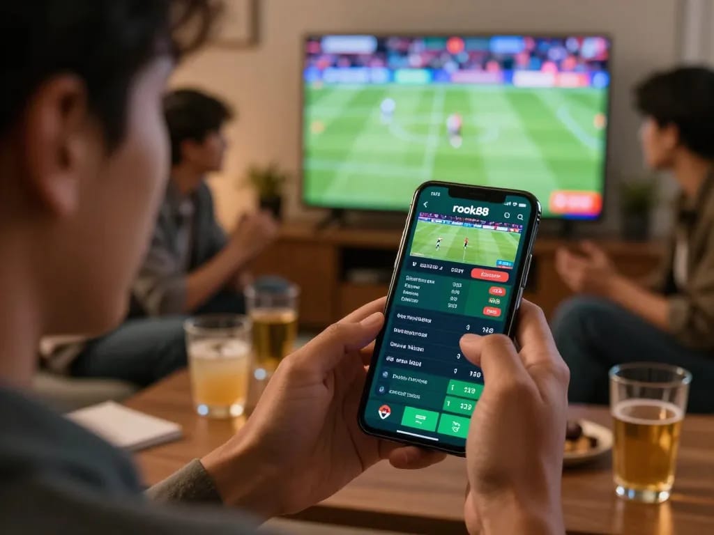 Experience thrilling moments with rokok88’s sports betting app in a lively home environment.