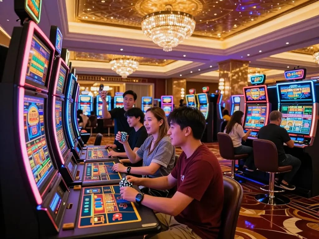 open88 đăng nhập in a lively casino setting with players excitedly engaging at slot machines.