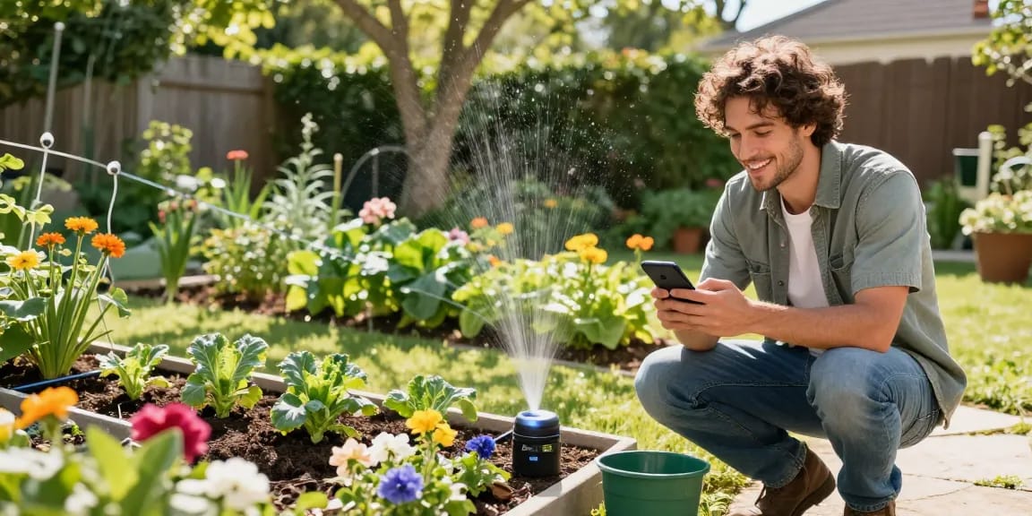 Gardener using the rainpoint sprinkler timer in a flourishing garden