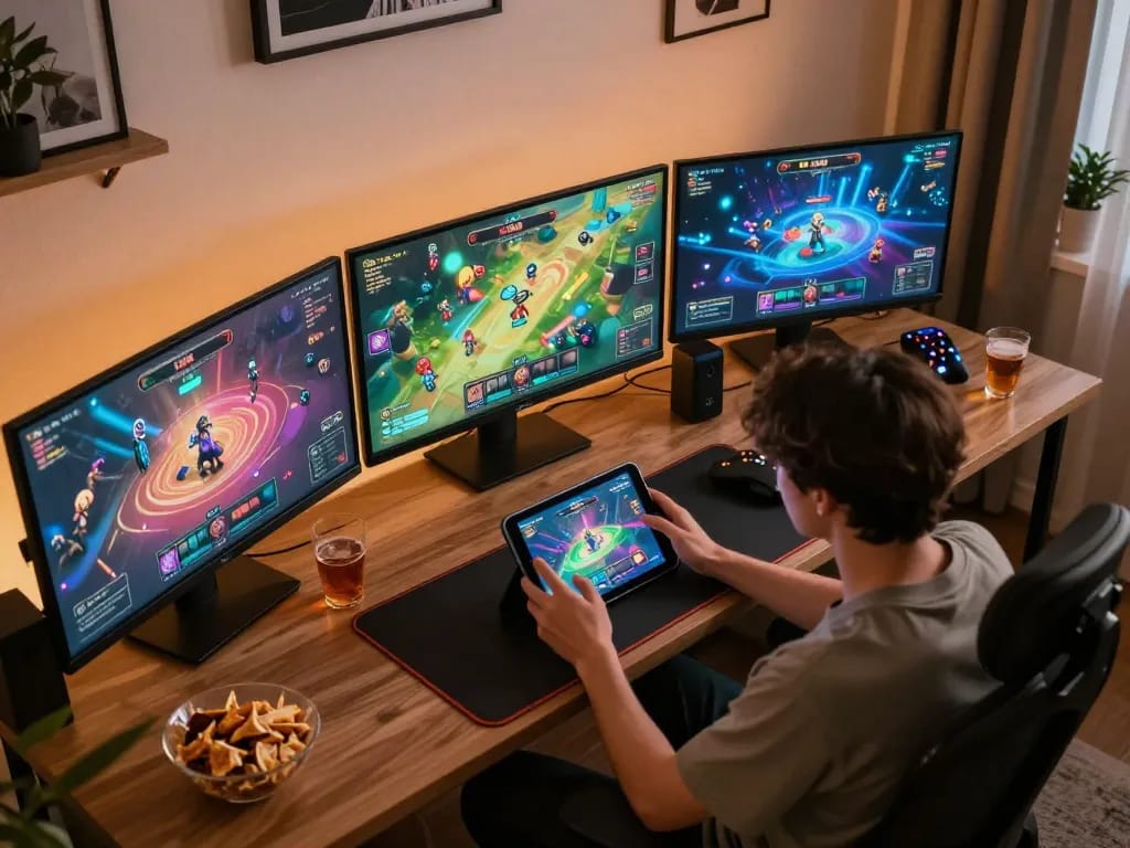 Player engaged in SC88 online gaming at home, showcasing tablet and strategy notes in a cozy atmosphere