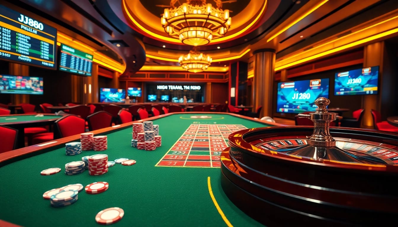 Exciting gambling scene featuring Nhà Cái BJ888 with vibrant poker chips and roulette wheel.