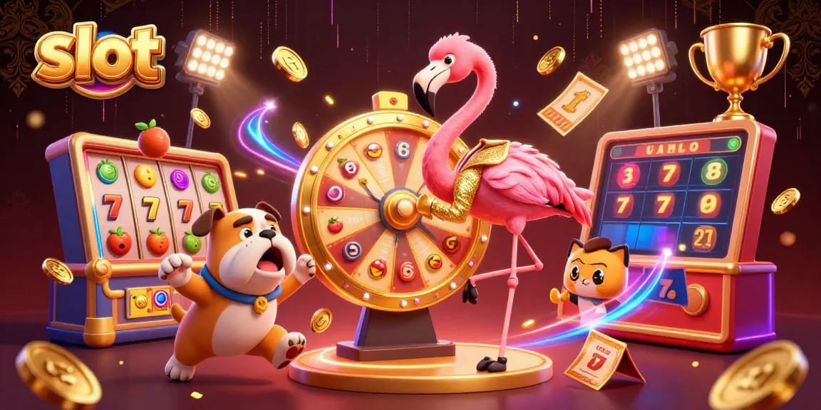 Spin exciting slot reels in this vibrant casino illustration featuring a flamingo and bulldog.