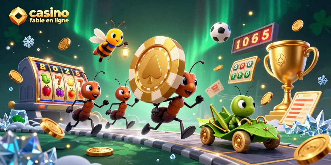 Visualisation d'un casino fiable en ligne avec des fourmis transportant un jeton de poker doré, en scène dynamique