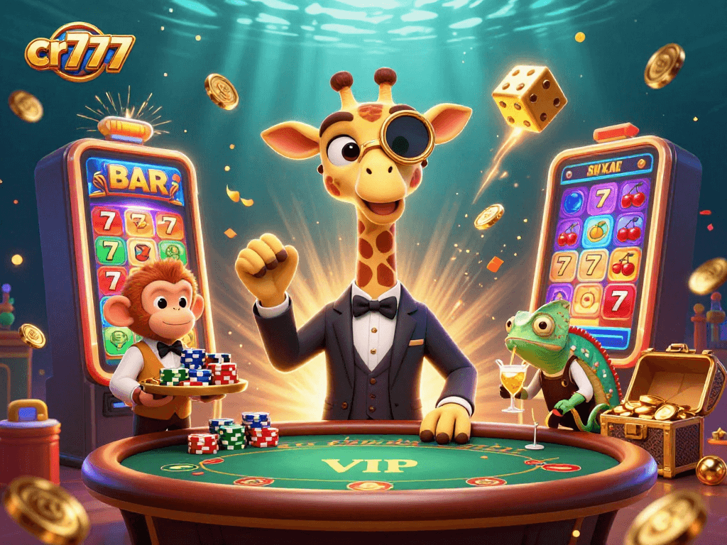 Gambarlah cr777 di kasino dengan penggambaran 3D dari jerapah dan valet sedang bermain poker.