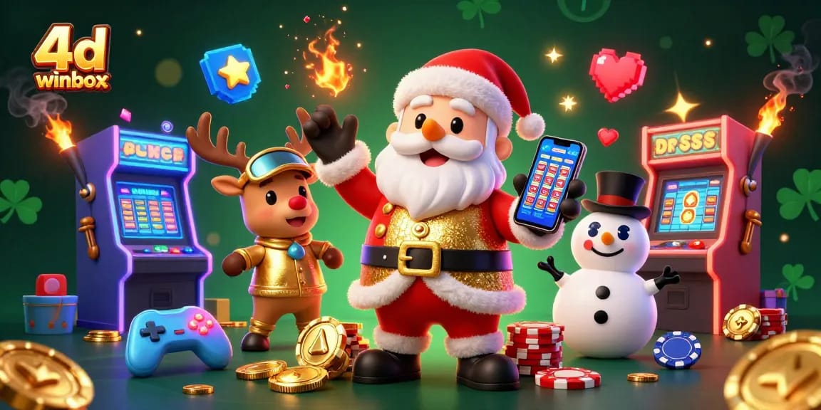Engage in thrilling fun with 4d winbox, featuring Santa and friends in a vibrant casino scene.