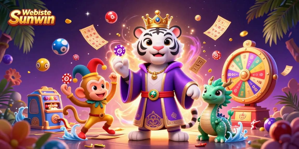 Experience thrilling chances at Website Sunwin with lively 3D characters amidst colorful game elements and lottery visuals.