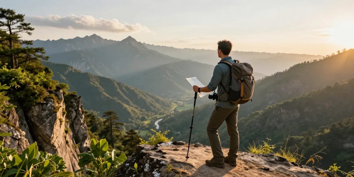 Rokok88 slot login adventure: a traveler at a scenic viewpoint, backpack, and map in hand, showcasing exploration.