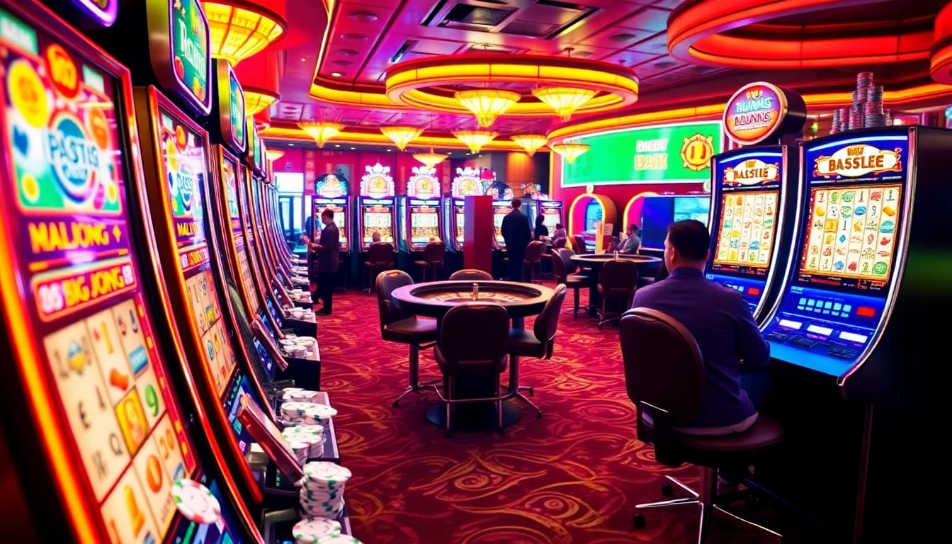 Experience an exhilarating mahjong slot demo amidst vibrant casino lights and spinning reels, capturing the thrill of gambling.