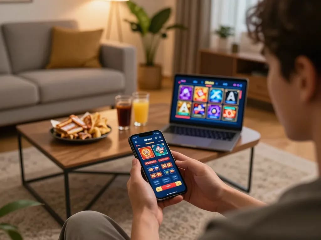 Engaging gameplay on 58win com mobile app in a cozy living room with snacks and drinks