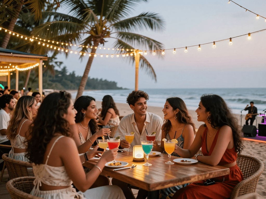 Call girls in Goa enjoying vibrant nightlife with cocktails at a beach bar.