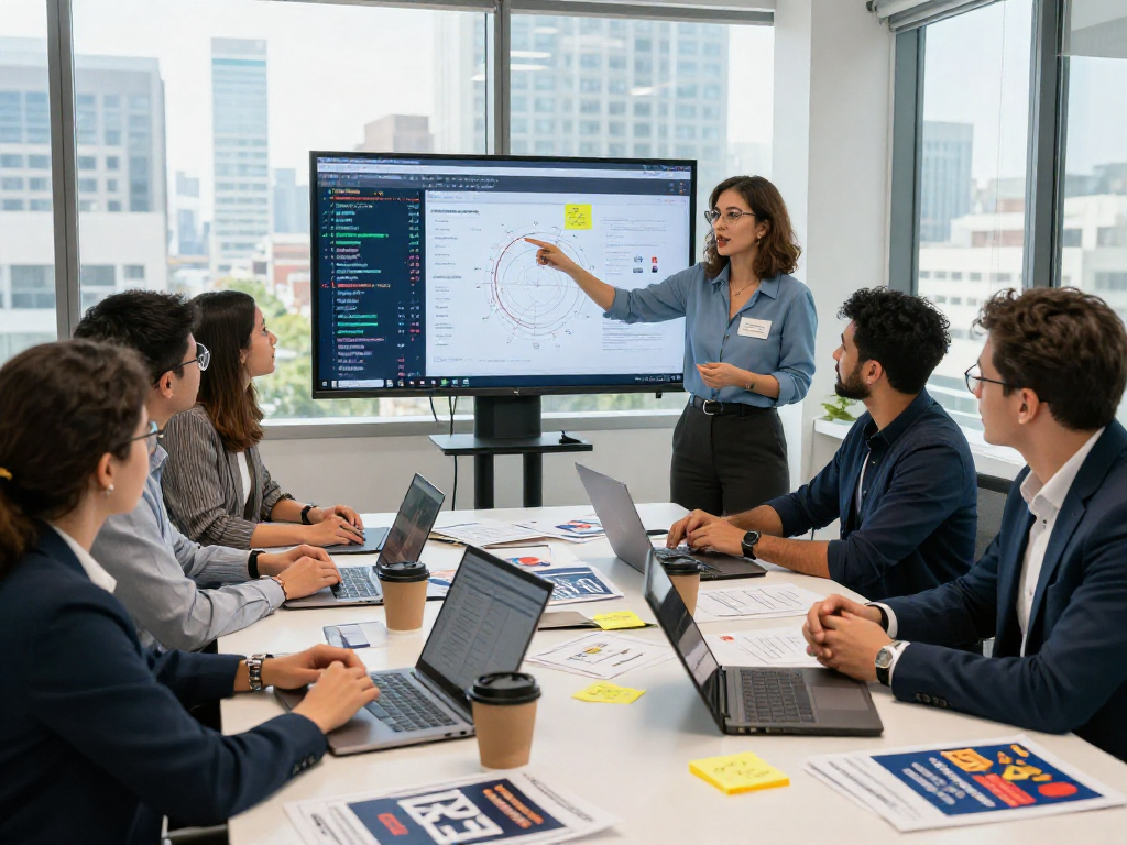 Dynamic meeting scene showcasing a political facebook ads agency strategizing with voter data and team collaboration.