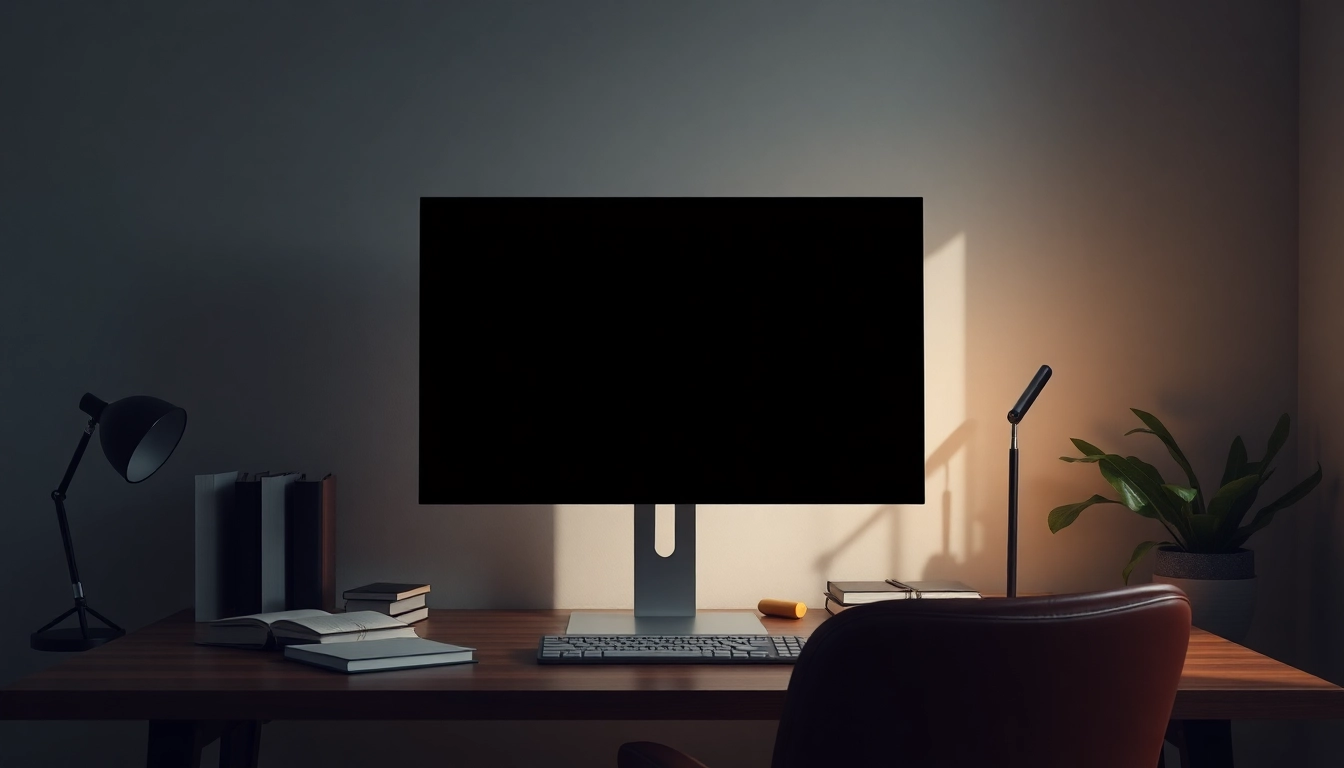 A serene workspace with a black screen on a monitor, showcasing focus and energy conservation for users.