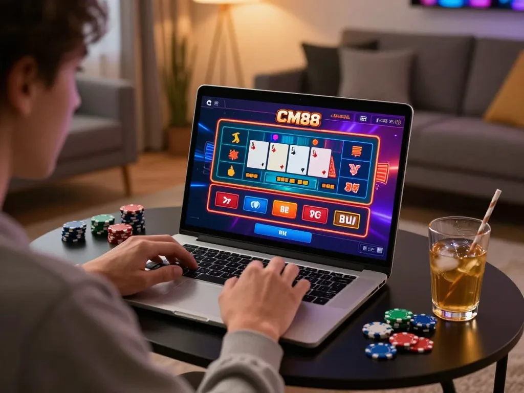 Player immersed in CM88's online casino platform on a laptop, enjoying a cozy gaming experience.