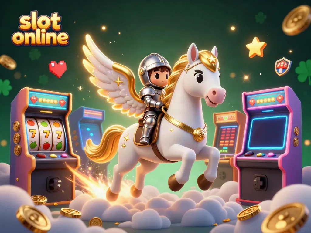 Mesin slot online berputar dengan gambar kuda putih bersayap dan ksatria, detail 3D cerah.