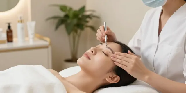 Client receiving CCeye® treatment for Augenringe abdecken in a tranquil spa setting.