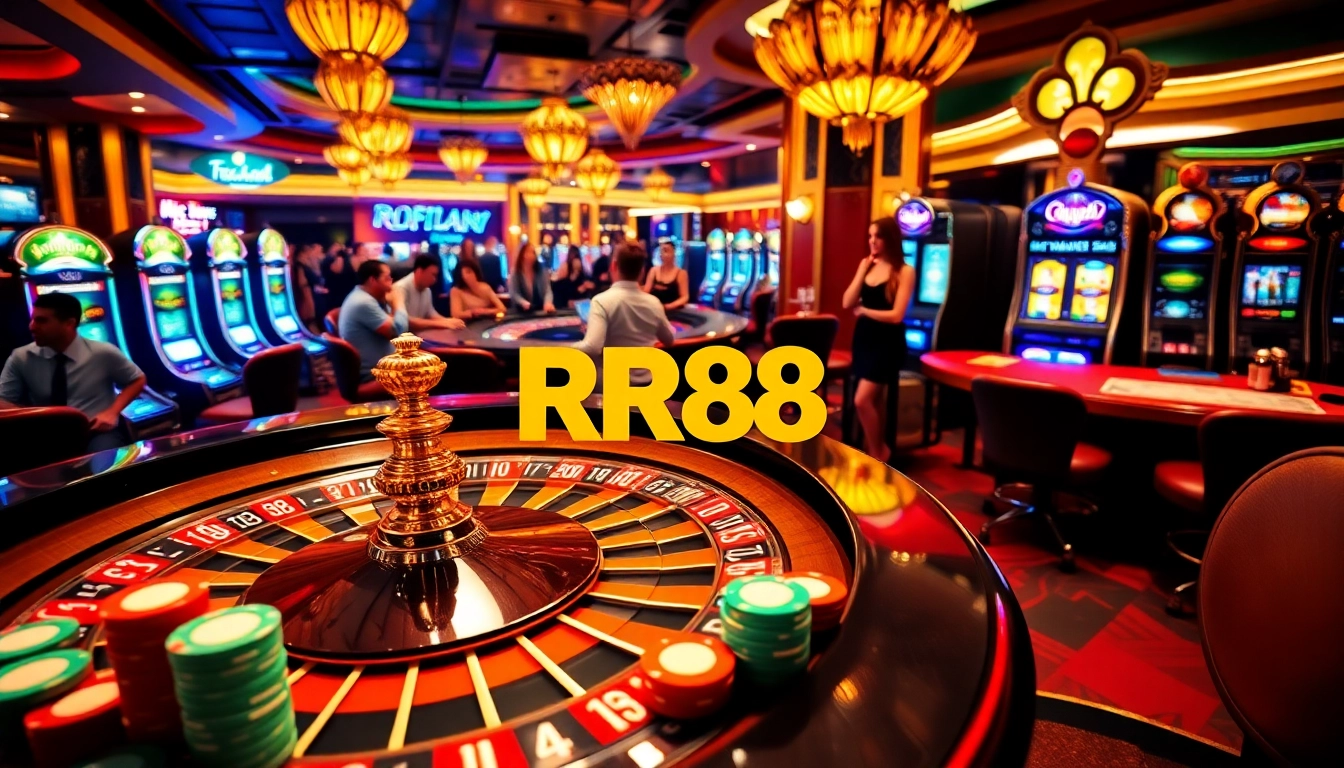 RR88 players enjoying an exciting casino experience at modern roulette and slot machines.