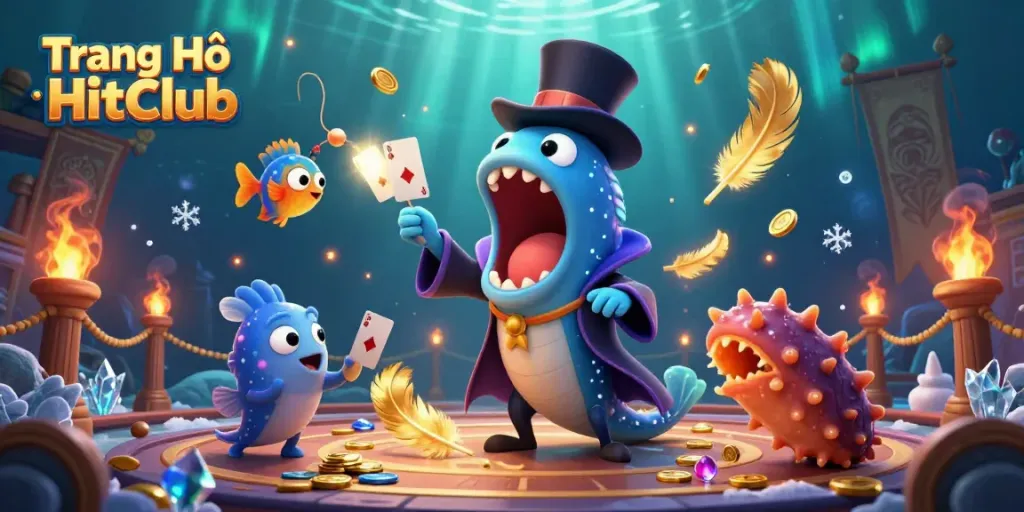 Engage with Trang Chủ HitClub's thrilling magic act featuring deep-sea creatures in a vibrant underwater scene.