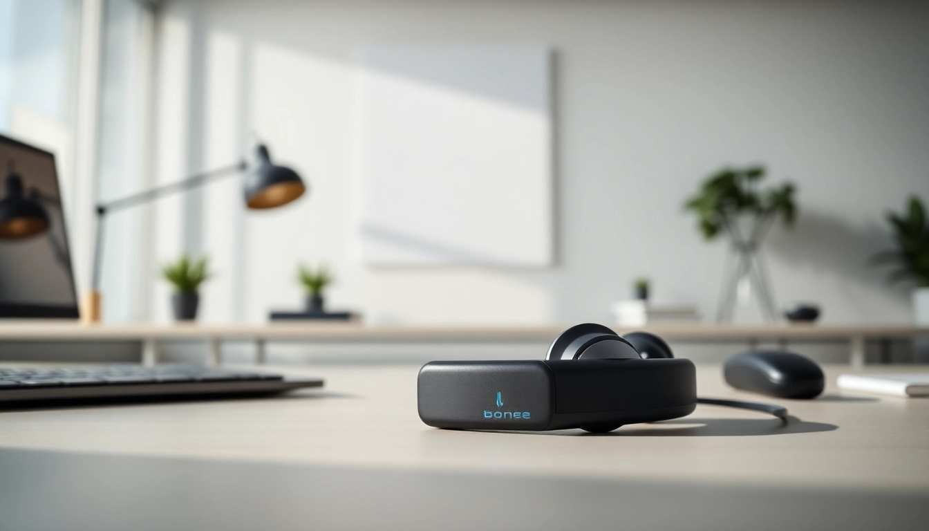 Showcase the Bone X2 Bone Conduction Headphones in a modern workspace.