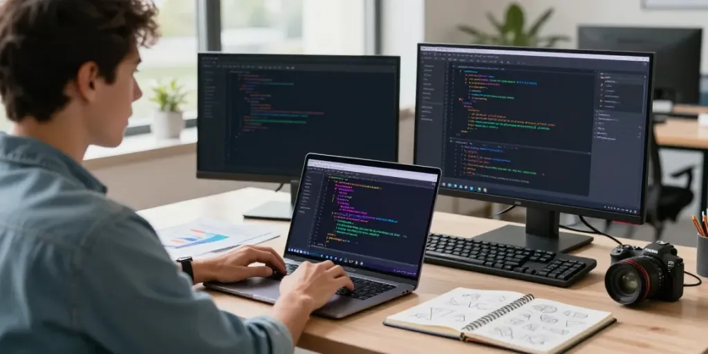 Developer using Notepad++ in a modern tech workspace with dual monitors.