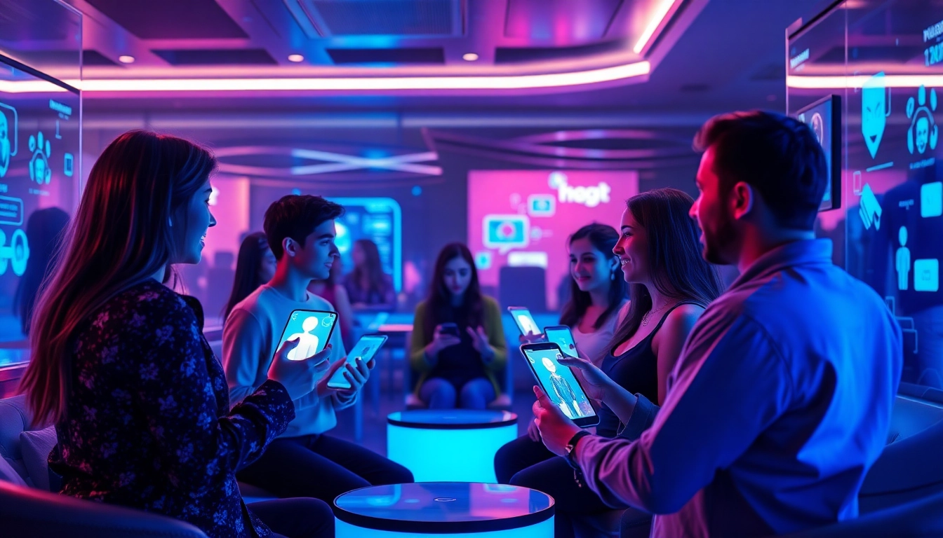 Interactive scene of ai sex conversations with futuristic chatbots in a modern lounge.