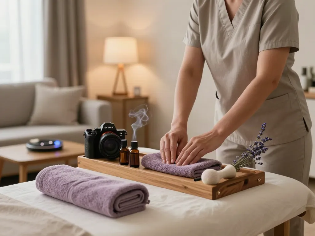 Relaxing massage setting with professional preparing for 연신내출장마사지 session in a tranquil home environment.