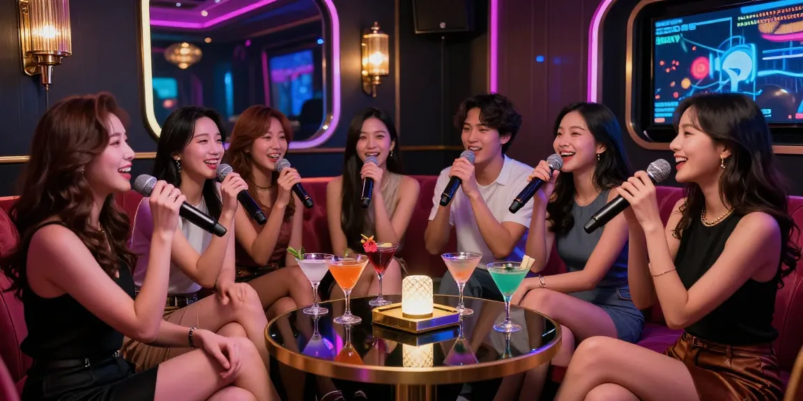 Guests enjoying a lively night out at 강남가라오케 with cocktails and singing.