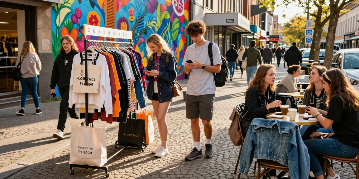 Stylish urban scene featuring trendy outfits from 레플리카 쇼핑몰 amidst vibrant city backdrop.