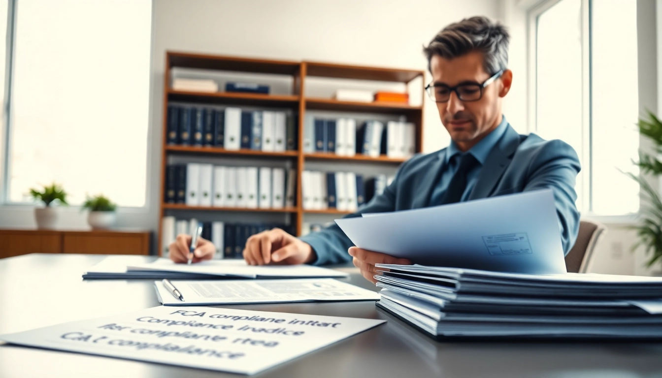 Consultant analyzing FCPA/DCAA/Flowdown/ITAR/EAR compliance documents in a bright office.