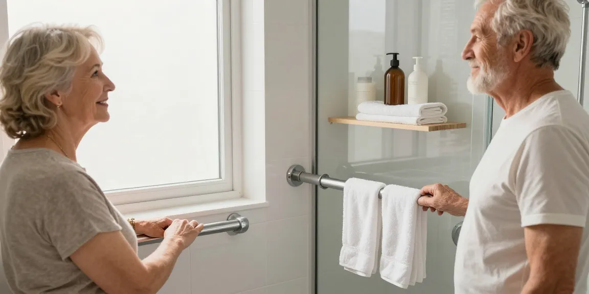 Senior couple using 浴室扶手 for safety in a well-lit bathroom.