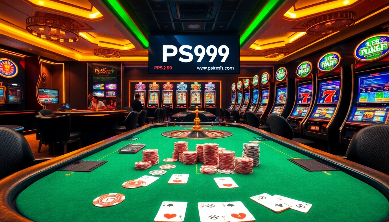 Players enjoy high-stakes gambling at a casino scene highlighting link PS99, featuring poker tables, chips, and slot machines.