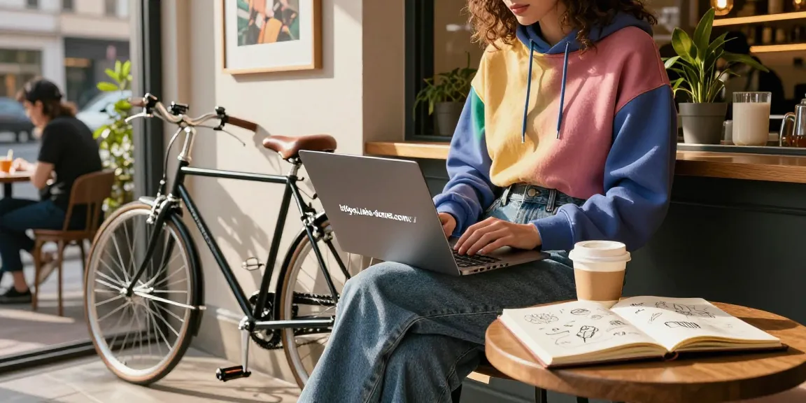 A person browsing https://shs-dome5.com/ at a café, enjoying coffee in a stylish urban setting.
