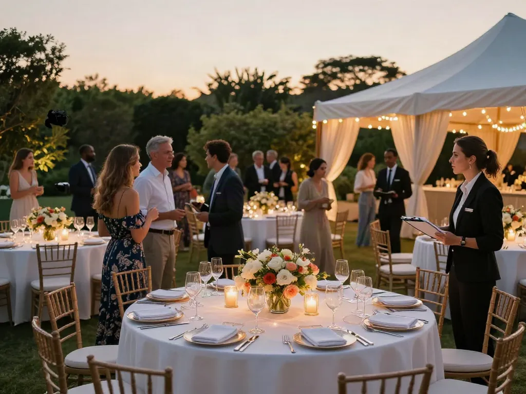 Event rental KSA showcasing an elegant outdoor setup during sunset with guests, tables, and decor.