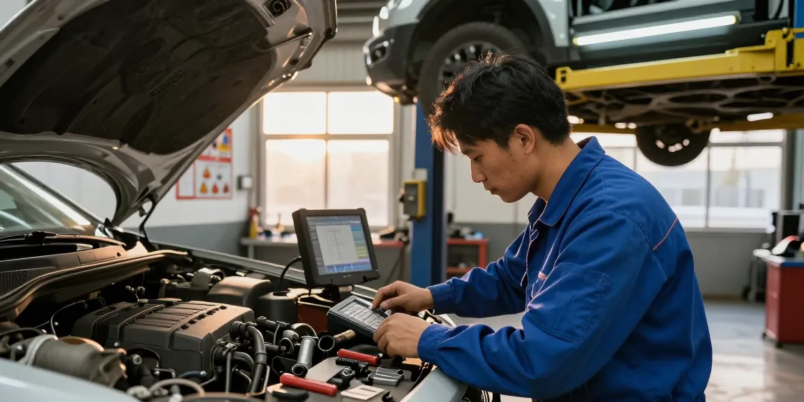 Reliable car services in action, mechanic inspecting engine in a well-equipped garage.