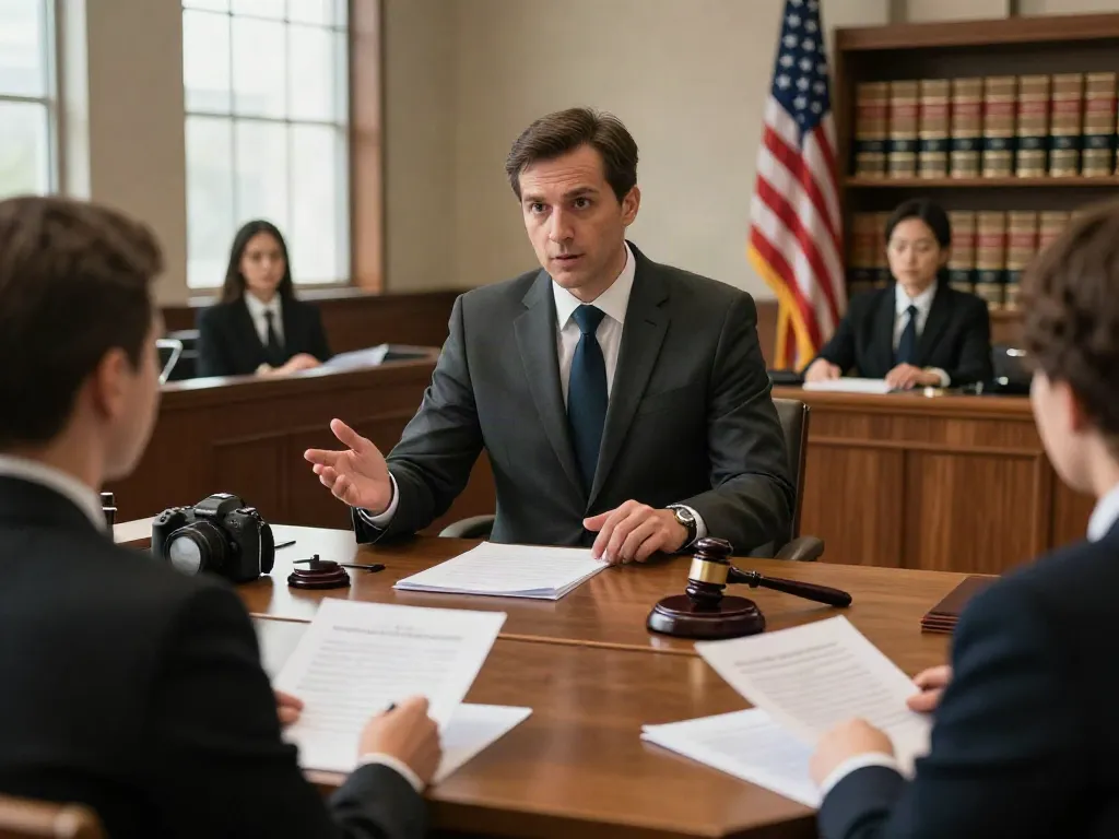 DUI attorney Smyrna GA confidently presenting a case in a courtroom filled with legal documents and attentive jurors.